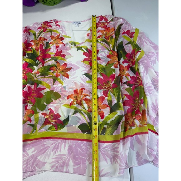 Susan Graver Floral Print V Neck Caftan Top 2X 3XL Pink Orange Green - Picture 12 of 13
